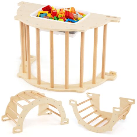 COSTWAY 8 in 1 Arco da Arrampicata per Bambini, Altalena ad Arco in Legno con Contenitore Pieghevole, Palestra Montessori per Bambini 3 Anni + (80 × 47 × 41 cm)