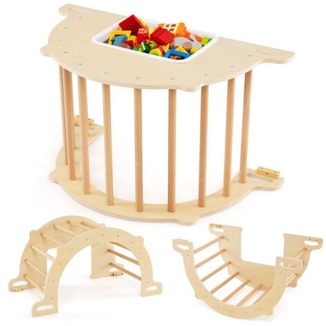 COSTWAY 8 in 1 Arco da Arrampicata per Bambini, Altalena ad Arco in Legno con Contenitore Pieghevole, Palestra Montessori per Bambini 3 Anni + (90 × 50 × 48 cm)