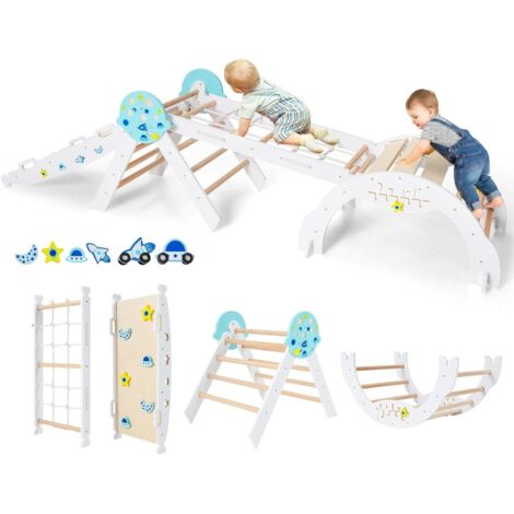 COSTWAY 8 in 1 Set da Arrampicata per Bambini, Giocattoli da Arrampicata in Legno con Triangolo Arco Rampa e Corda, Giochi Montessori per Bambini 1 Anni + (Astronauta 4 pezzi, Bianco)