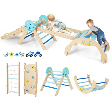 COSTWAY 8 in 1 Set da Arrampicata per Bambini, Giocattoli da Arrampicata in Legno con Triangolo Arco Rampa e Corda, Giochi Montessori per Bambini 1 Anni + (Astronauta 4 pezzi, Blu)