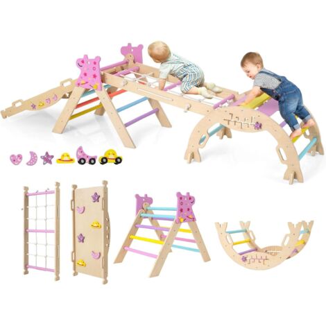 COSTWAY 8 in 1 Set da Arrampicata per Bambini, Giocattoli da Arrampicata Pieghevoli con Triangolo Arco e Rampa, Giochi Montessori per Bambini 1 Anni + (Unicorno 4 pezzi, Macaron)