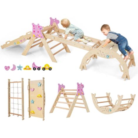 COSTWAY 8 in 1 Set da Arrampicata per Bambini, Giocattoli da Arrampicata Pieghevoli con Triangolo Arco e Rampa, Giochi Montessori per Bambini 1 Anni + (Unicorno 4 pezzi, Naturale)