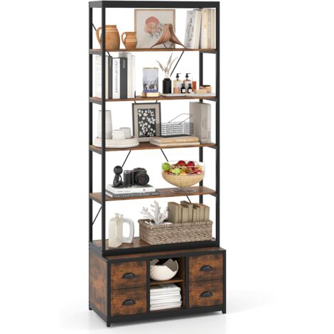 COSTWAY 8-tier Bookshelf Freestanding Bookcase with Storage & Drawers-Brown