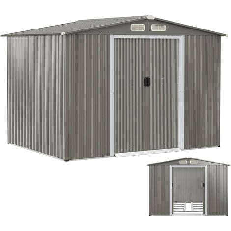COSTWAY 8 x 6FT Galvanized Metal Garden Shed, Outdoor Lockable Tool Storage House with Foundation, Ramp, Ventilation and Sliding Door, Weatherproof Storage Shed Box (Light Grey Roof)