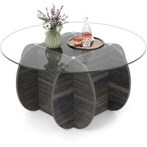 COSTWAY 89cm Round Coffee Table Modern Accent Table-Dark Rustic Oak