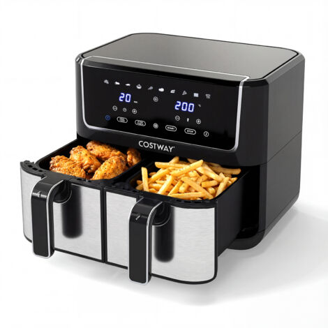 COSTWAY 8L Dual Zone Air Fryer Oven 2100W 10 Preset Programs 4L x2 Baskets Touchscreen 85% Less Oil Black