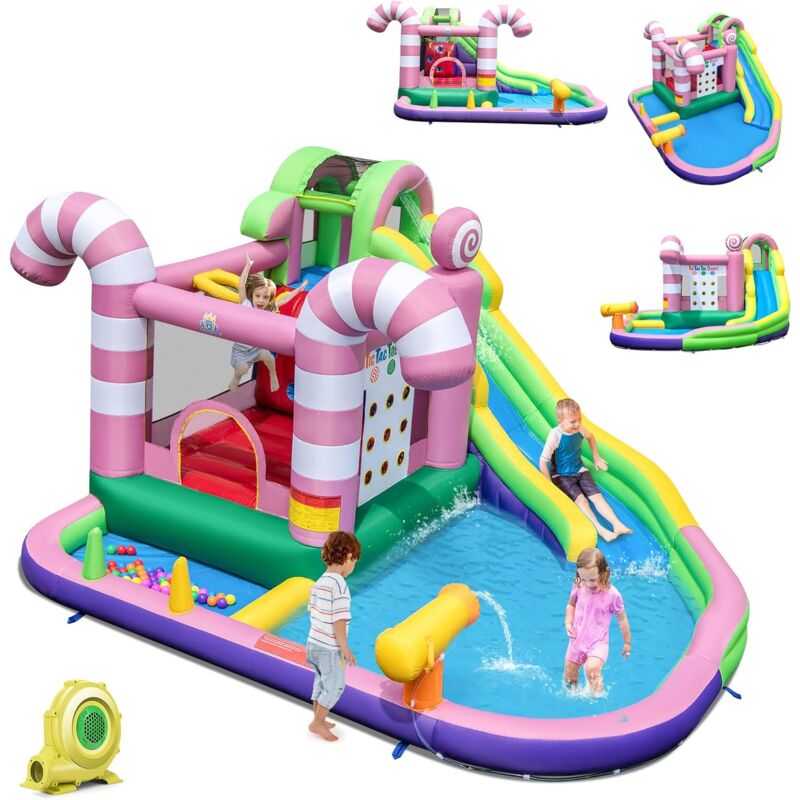 9 en 1 Château Gonflable en Forme Bonbons avec Toboggan, Maison de Saut Gonflable avec Pistolet à Eau, Jeu Tic-Tac-Toe, 50 Boules, Charge 90kg pour 2