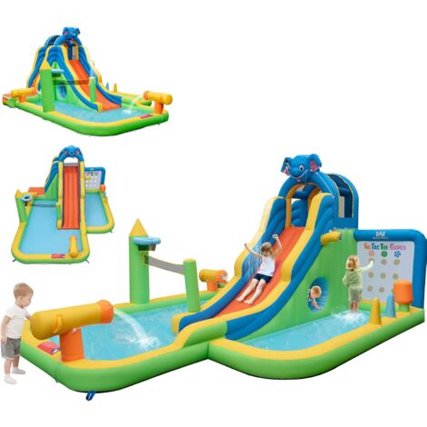 COSTWAY 9 en 1 Château Gonflable en Forme Éléphant avec Toboggan & Mur d'escalade, Aire de Jeux Gonflable avec Piscine à Balles, Charge 90kg pour 3-4 Enfants de 3-10 Ans, 378x469x250CM