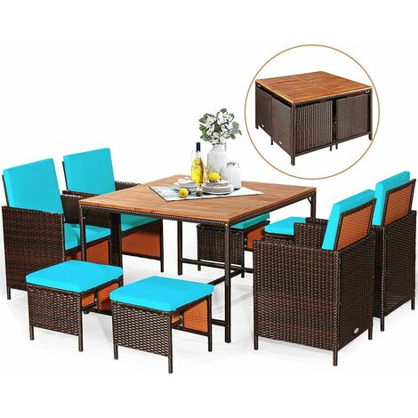 COSTWAY 9 TLG. Polyrattan Set Rattanmoebel, Garten Esssitzgruppe aus Tisch, Sessel und Ottomane, Garten Sitzgruppe mit Kissen, Gartenmoebel platzsparend