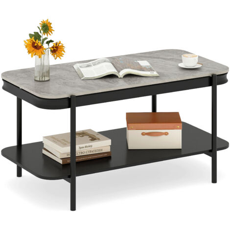 COSTWAY 90cm Coffee Table Sintered Stone Top Double Layer Storage Shelf Living Room Grey