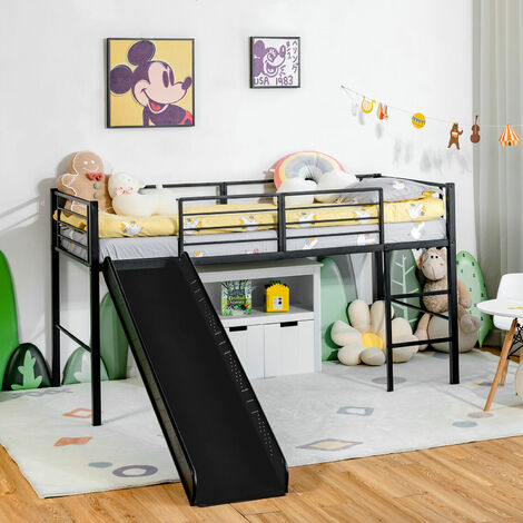 COSTWAY 96CM Kids Low Loft Bed Frame Single Size Steel Bed Mid Sleeper w/Ladder & Slide
