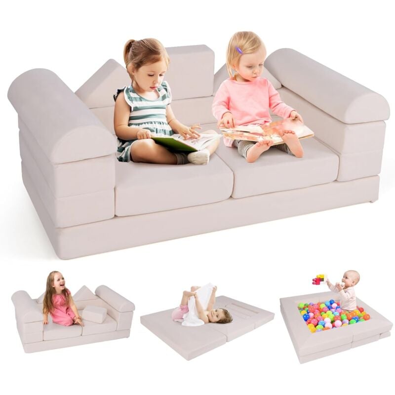Costway - 9PCS Canapé Modulaire pour Enfants en Tissu Daim, Canapé Enfant Convertible 2 Places avec Housses Amovibles & Lavables, Canapé en Mousse