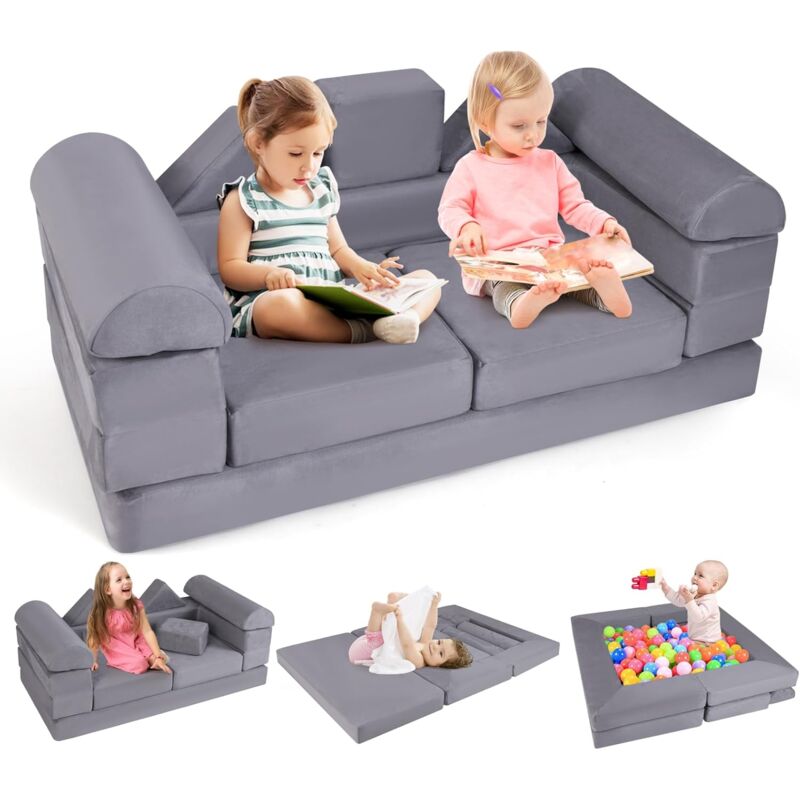 Costway - 9PCS Canapé Modulaire pour Enfants en Tissu Daim, Canapé Enfant Convertible 2 Places avec Housses Amovibles & Lavables, Canapé en Mousse