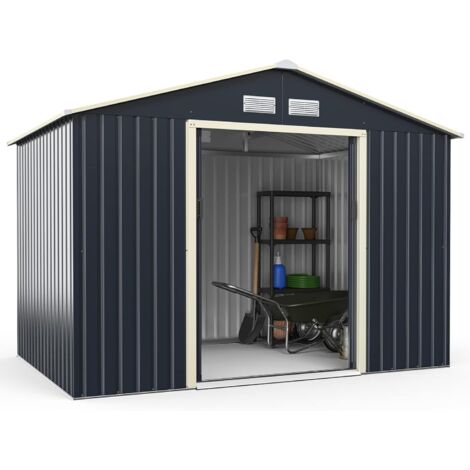 COSTWAY Abri de Jardin en Métal 5,29㎡ - 267 x 181 x 202cm/Cabane de Jardin - Porte Coulissante Verrouillable - Trous d’Aération - Toit Penché