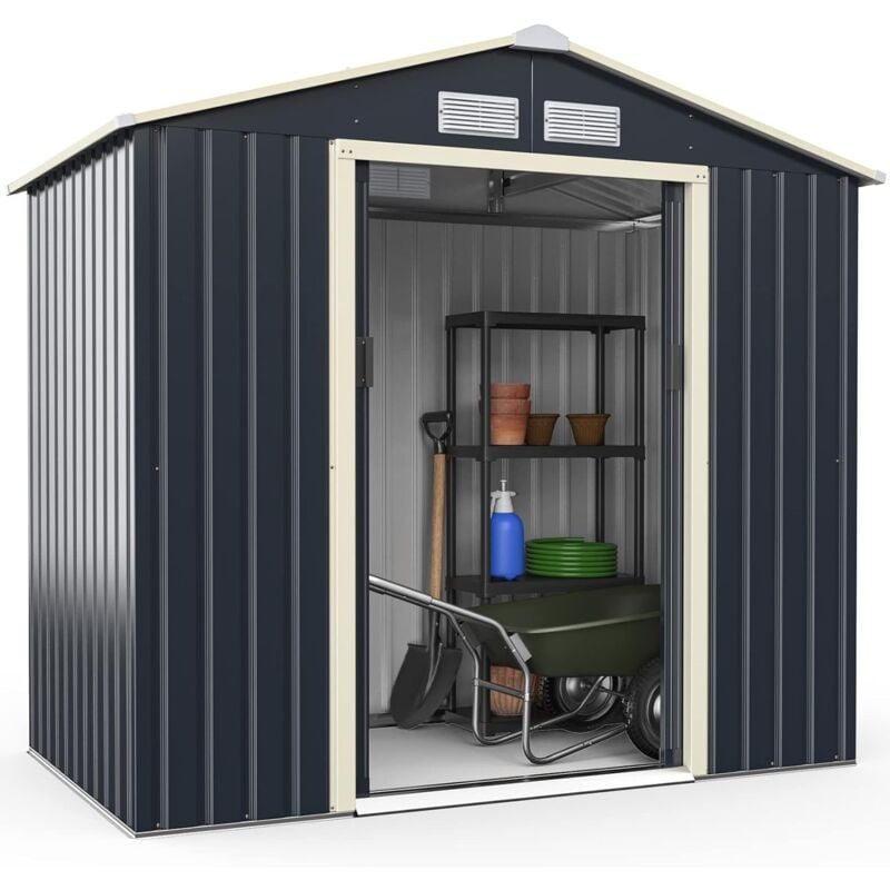 Abri de Jardin en Métal-2,7㎡-2 Portes Coulissantes Verrouillables-4 Trous d'Aération-Toit Penché/Cabane Jardin-213,5 x 127 x 194,5cm-Gris - Costway
