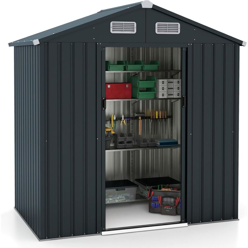 COSTWAY Abri de Jardin Métal Galvanisé 2,2㎡, Cabane Jardin Exterieur 3,2 m³avec Loquet, Portes Coulissantes, Toit en Pente, 4 Gants, 4 Trous