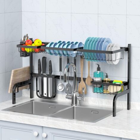 COSTWAY Abtropfgestell für die Spüle, Breite verstellbar 53-99cm, 2-stoeckiges Geschirrabtropfgestell für Küchentheke, Abtropfstaender mit Utensilienhalter & Haken