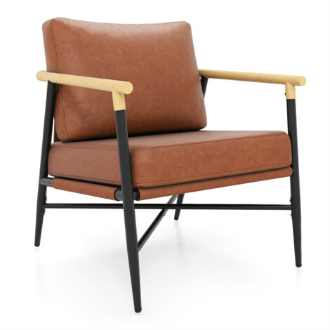COSTWAY  Accent Chair Modern Upholstered Reading Seat with Back Pillow Metal Frame Brown 74x68x86cm