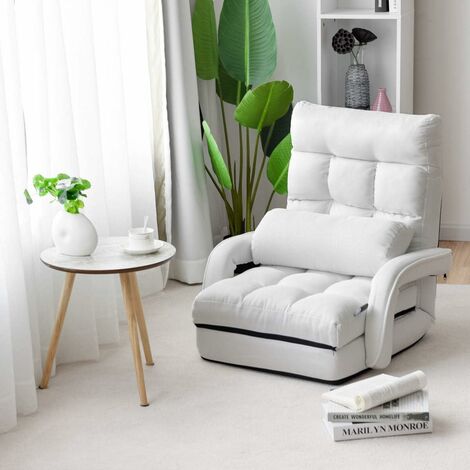 COSTWAY Adjustable Folding Lazy Sofa Bed with Armrests and Pillow, Convertible Floor Armchair Sofa Seat for Home Office, Easy-to-Clean (White)