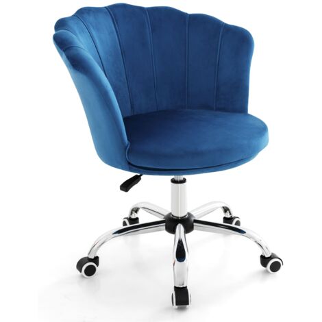 COSTWAY Adjustable Vanity Chair Upholstered Velvet Arm Chair w/Wheels-Blue