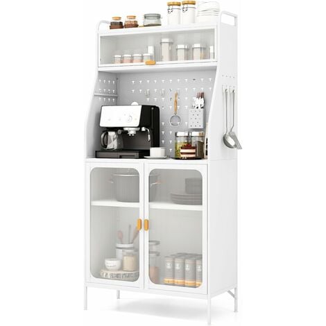 COSTWAY Alacena de Cocina, Gabinete para Despensa de Cocina con Tablero Perforado, Estante Ajustable, 8 Ganchos y 2 Puertas de Vidrio, Buffe Aparador De Cocina para Microondas, Capacidad de 100 kg