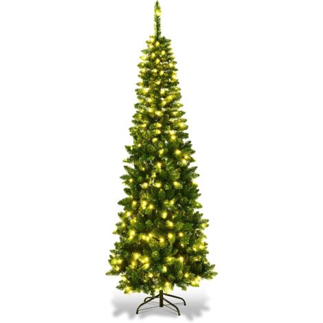 COSTWAY Albero di Natale 135/200/225 cm, Albero di Natale Slim con 150/250/350 Luci a LED Calde, 226/708/1085 Rami Folti e Base di Metallo, Albero di Natale con Luci Incorporate per Festa (200 cm)
