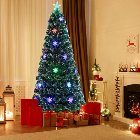 COSTWAY Albero di Natale 90/120/150/180 cm, Albero di Natale con Luci LED, Rami Densi, Stelle Luminosi e Fibre Ottiche, Albero di Natale Realistico e Denso per Casa, Ufficio e Negozio, Verde (180 cm)