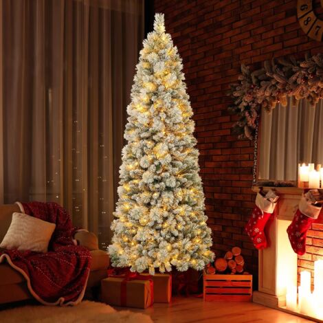 COSTWAY Albero di Natale artificiale illuminato a LED 210 cm, albero di Natale innevato, 680 punte dei rami, 200 luci LED bianco caldo, sezione pieghevole, supporto in metallo, decorazione natalizia (
