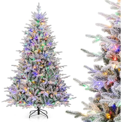 COSTWAY Albero di Natale Artificiale Innevato 147/186/218 CM, Albero di Natale con Cerniera e 8 Modalità luminose, 160/260/350 Luci LED Multicolori e 436/820 /1164 Punte di Ramo in PVC e PE (218 CM)