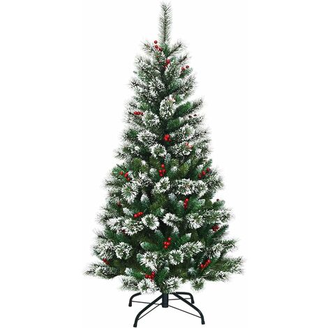 COSTWAY Albero di Natale Artificiale Innevato, con Bacche Rosse, Base di Metallo, Foglie in PVC, Design Realistico (150 cm)