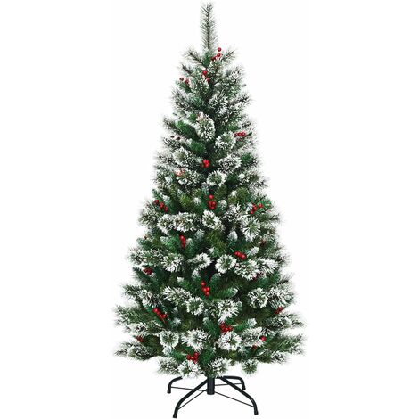 COSTWAY Albero di Natale Artificiale Innevato, con Bacche Rosse, Base di Metallo, Foglie in PVC, Design Realistico (180cm)