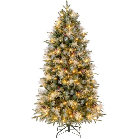 COSTWAY Albero di Natale Artificiale Pre-illuminato 180 cm, Albero di Natale con 270 Luci LED Bianco Caldo, 806 Punte di Rami in PE, PVC e PET e Pigne e Bacche Rosse, per Casa, Negozio e Ufficio