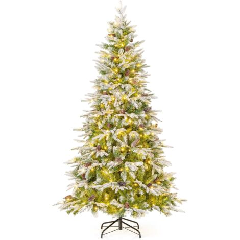 COSTWAY Albero di Natale Artificiale Pre-Luminoso 190CM, Albero di Natale Innevato con 280 Luci LED Bianche Calde, Rami Articolati e 765 Punte, 62 Pigne e Base Metallica
