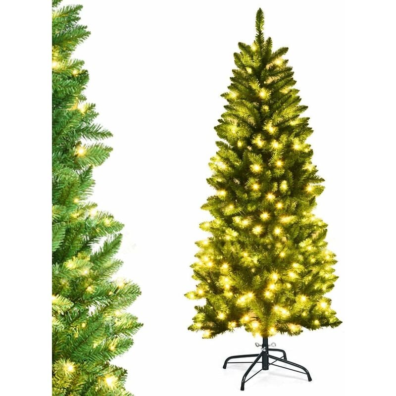 Costway - Albero di Natale con Luci 150/180 cm, Albero di Natale con 300/743 Rami Folti, 150/250 Luci led e Base di Metallo, Albero di Natale Slim e