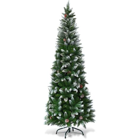 COSTWAY Albero di Natale Innevato 180/220 cm, Albero di Natale Slim con Pigne, Base di Metallo e Rami Rigogliosi in PVC, Albero di Natale per Casa, Ufficio e Negozio (220 cm)