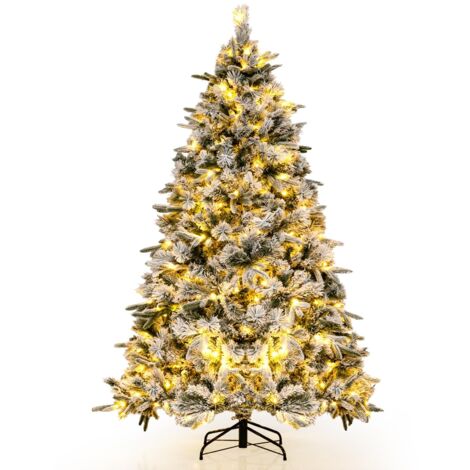 COSTWAY Albero di Natale Innevato 215 cm, Albero di Natale con 300 Luci LED Bianco Caldo, 1096 Punte di Ramo Miste e Aghi di Pino, per Casa e Ufficio