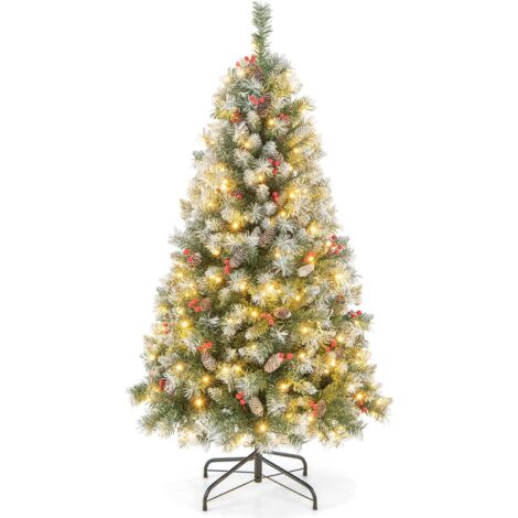 COSTWAY Albero di Natale Pre-Illuminato da 150/195 cm, Albero di Natale Artificiale con Cerniere e 200/420 Luci LED Bianche Calde, 8 Modalità di Illuminazione, 450/909 Punte di Ramo, Bacche Rosse e Pi