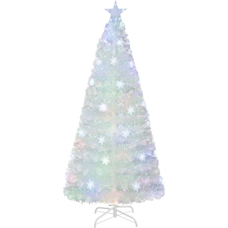 Costway - Albero di Natale Pre-illuminato in Fibra Ottica da 120/150/180cm, Albero di Natale Bianco con Foglie Iridescenti, Luci a led a Fiocco di