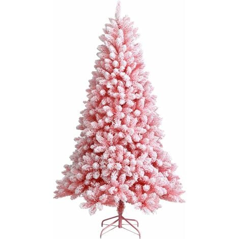 COSTWAY Albero di Natale Rosa Floccato 150/180 cm, Albero di Natale Artificiale Innevato a Cerniera con Base Pieghevole di Metallo, Pino Realistico per Casa Ufficio Commerciale (180 cm)