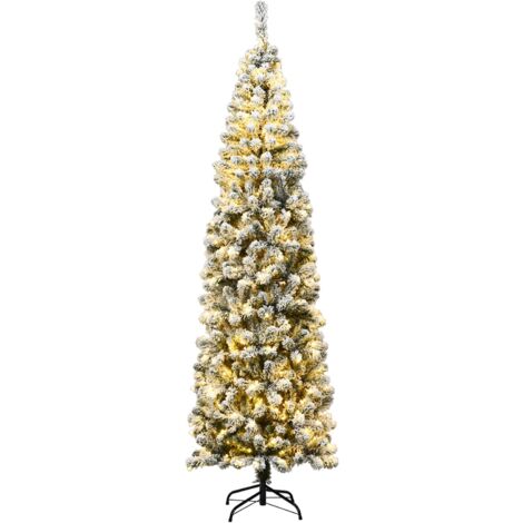 COSTWAY Albero di Natale Slim 135/180/225 cm, Albero di Natale Innevato con 150/250/350 Luci LED, 242/500/641 Rami e Base di Metallo, Decorazione Natalizia per Casa e Negozio (225 cm)