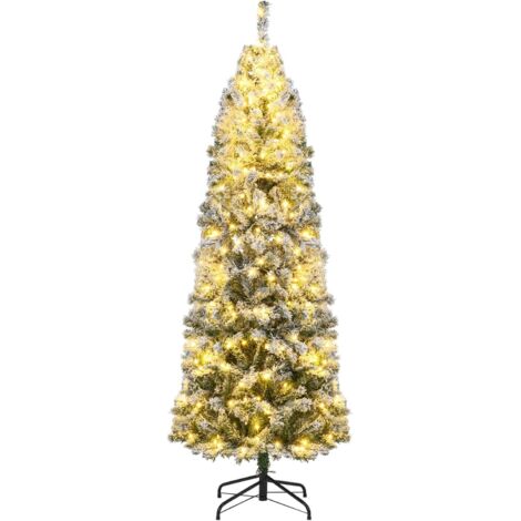 COSTWAY Albero di Natale Slim 150/180cm, Albero di Natale Innevato con 180/260 Luci LED, 8 Modalità, 329/533 Rami in PVC e Base in Metallo Pieghevole, Decorazione Natalizia per Casa e Ufficio (180 cm)