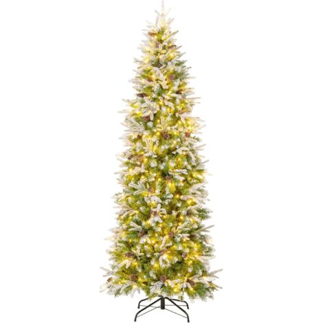 COSTWAY Albero di Natale Slim Pre-Luminoso 225 CM, Albero di Natale Artificiale Innevato con 350 Luci LED Bianche Calde, Rami Articolati e 913 Punte e 75 Pigne (225 CM)