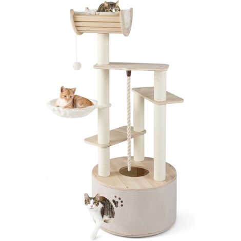 COSTWAY Albero per Gatti 141cm Plywood, Condo, Posatoio, Amaca, Tiragraffi, Cuscini Lavabili