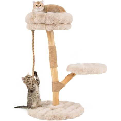 COSTWAY Albero per Gatti 90 cm,in Legno, Tiragraffi in Luta Naturale e Corda,Beige