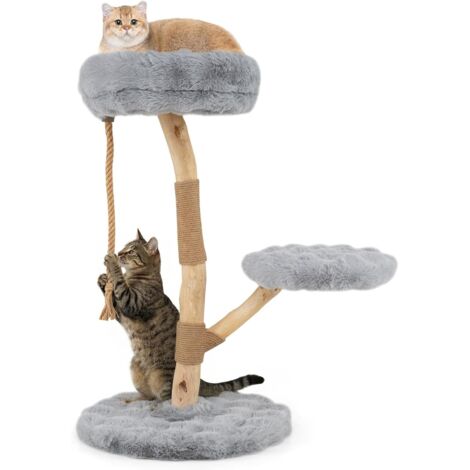 COSTWAY Albero per Gatti 90 cm,in Legno, Tiragraffi in Luta Naturale e Corda,Grigio