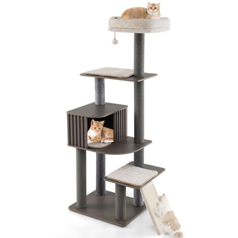 COSTWAY Albero per Gatti a 6 Livelli, Torre per Gatti Alta 171 cm con Cuscino, Condominio, Tappetini Staccabili e Pannello in Sisal, Albero Tiragraffi in Legno con Palla Pompom Appesa