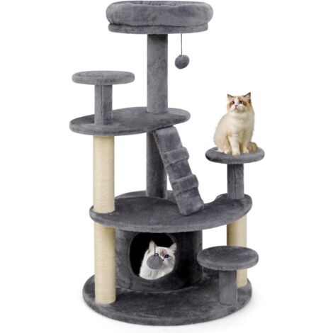 COSTWAY Albero per Gatti Adulti, Torre per Gatti Alta 101 cm con Condominio, Piattaforma Imbottita, Tiragraffi, Pallina di Peluche Pendente e Scala, Albero Tiragraffi in Legno per Interno (Grigio)