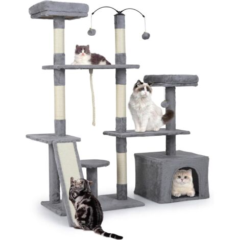 COSTWAY Albero per Gatti Alto 136 cm, Tiragraffi per Gatti da Interno con Tiragraffi, Rampa, 2 Posatoi Imbottiti, Ampio Condo, Palline Pendenti, Corda Appesa e Piattaforma Multilivello (Grigio Chiaro)