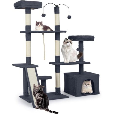 COSTWAY Albero per Gatti Alto 136 cm, Tiragraffi per Gatti da Interno con Tiragraffi, Rampa, 2 Posatoi Imbottiti, Ampio Condo, Palline Pendenti, Corda Appesa e Piattaforma Multilivello (Grigio Scuro)