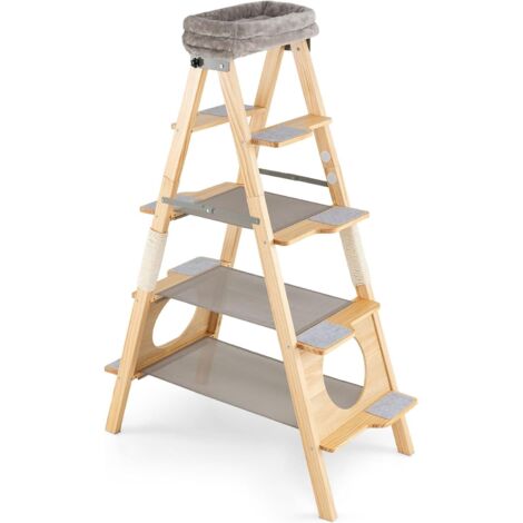 COSTWAY Albero per Gatti Alto 151cm, Tiragraffi per Gatti in Legno con Design a Scala, Cuscino Imbottito e Torretta Superiore, Palo Graffiatrice in Sisal, Mobile Salvaspazio per Gattini